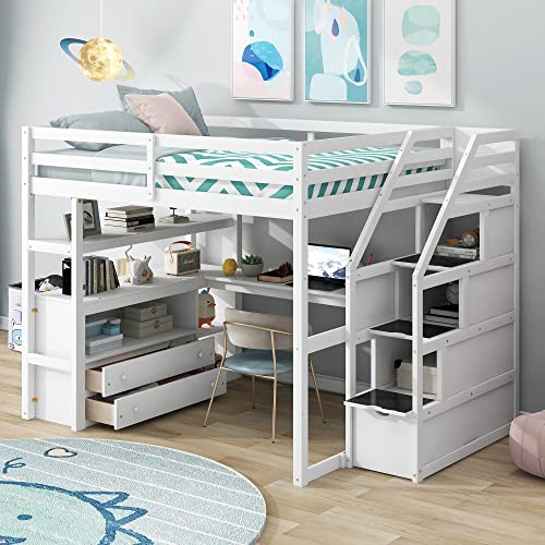 Harper & Bright Designs Twin Loft Bed with Stairs and Desk, Solid Wood Loft Bed Frame with Storage Drawers and Bookshelf for Kids Teens Adults - White