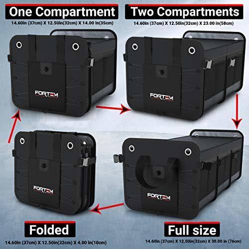 Fortem Car Trunk Organizer, Foldable COVER, Non-Slip Waterproof Bottom, Straps, Cargo Storage (3 Compartments, Black)