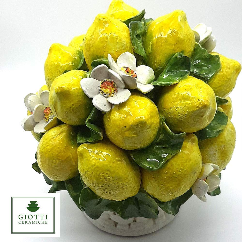Italian Ceramic Lemons centerpieces for dining room table - 9 inches Tall Hand Made Centerpiece table decorations - Made in ITALY - Italian Pottery decorative fruit basket for kitchen with Lemon