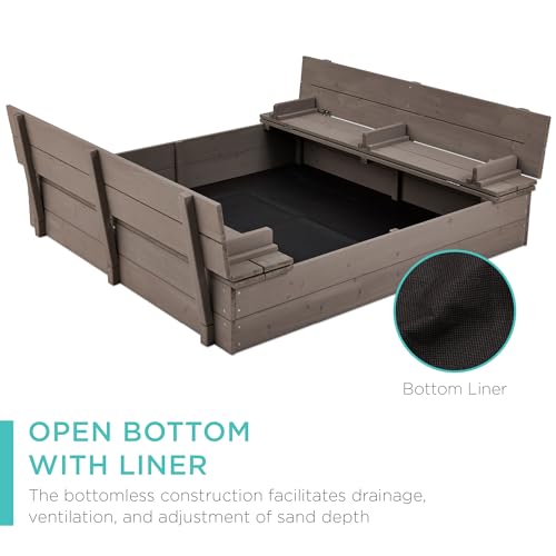 Best Choice Products Kids' Outdoor Wooden Sandbox Large, Cedar Wood with Foldable Bench Seats and Sand Protection, Bottom Liner Included - Walnut
