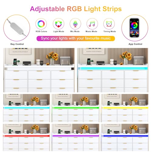 White Dresser with LED Lights, Wooden LED Dresser, 4 Drawer Chest with Charging Station, Tall Chest of Drawer Closet Organizer for Bedroom, Living Room, Entryway, Hallway