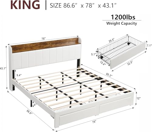Queen Bed Frame with Headboard & Charging Station, Upholstered Platform Bed Frame with 2 Storage Drawers, Sturdy Wooden Slats Support/No Box Spring Needed/Noise Free/Easy Assembly/White