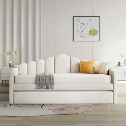 Twin Size Daybed with Trundle, Velvet Day Bed Frame with 2 USB Charging Ports, No Box Spring Needed, Modern Upholstered Sofa Bed with Roll-out Trundle for Bedroom, Living Room, Guest Room, Pink