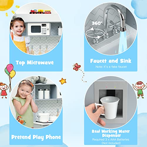 HONEY JOY Kids Kitchen Playset, Wooden Little Chef Pretend Play Toy Kitchen Set, Range Hood & Microwave with Lights, Water Dispenser, Fabric Drawer, Play Kitchen for Toddler Boys Girls, Coffee