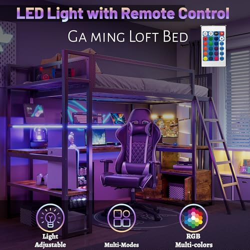 Full Size Loft Bed with Desk and Stairs,Metal Gaming Loft Bed Full with Wardrobe and Shelf, High Loft Bed with LED & USB Charging Station for Teens, Adults, Space Saving Design,Black