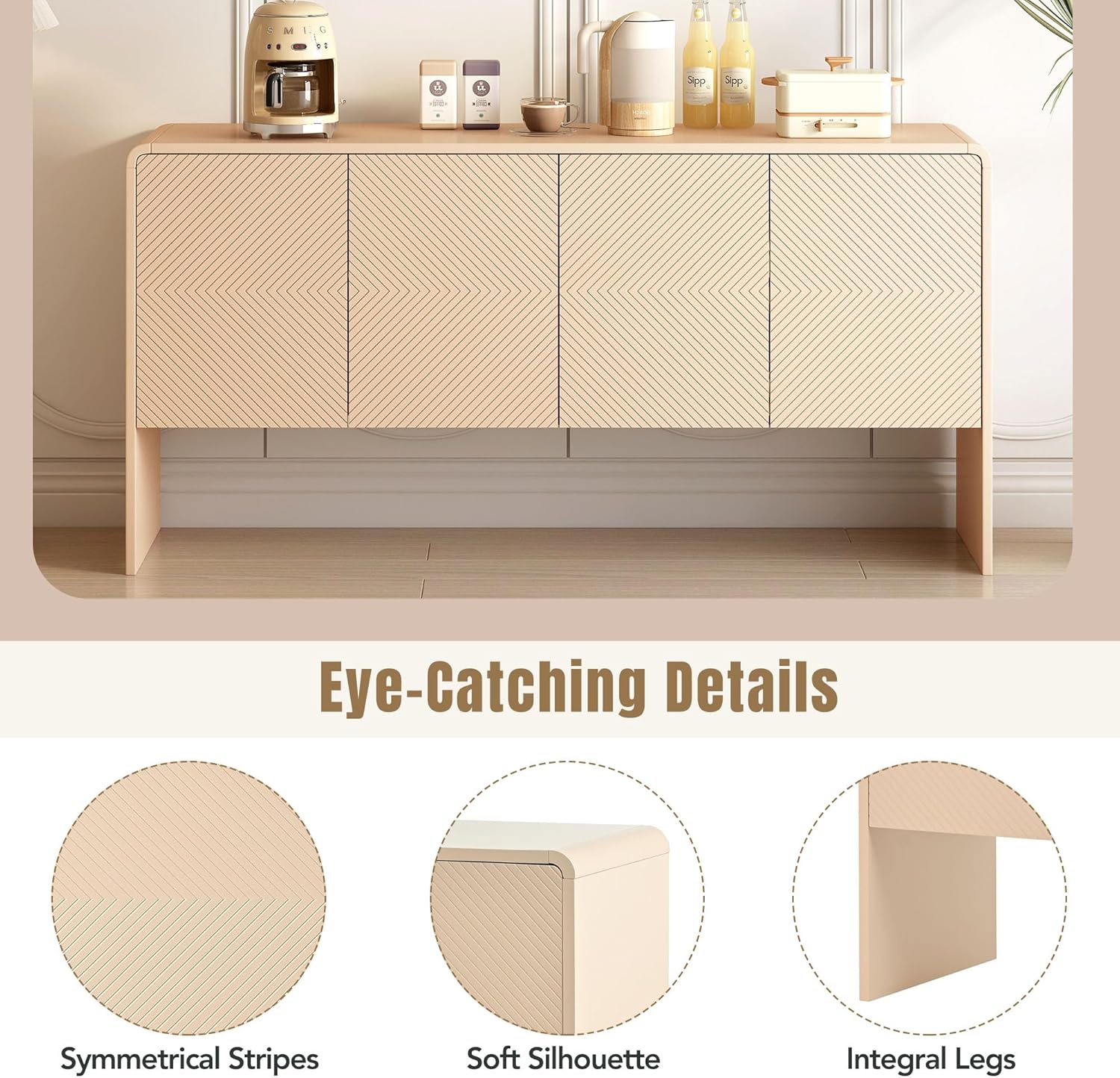 Large 60" Storage Sideboard with 4 Doors, Adjustable Shelves and Rebound Device, Minimalist Style Buffet Cabinet for Living Room and Entryway, Apricot Cream