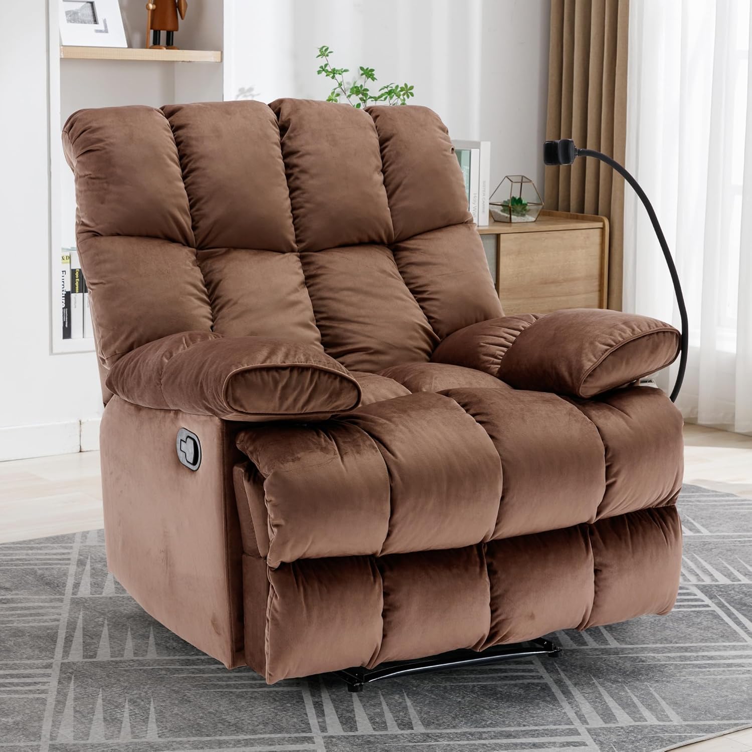 Oversized Recliner Chair 400LBS, Manual Recliner with Soft Overstuffed Arms and Back, Velvet Oversized Recliner Chair for Living Room, Bedroom, Study Room, Brown