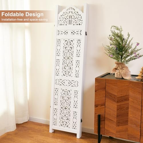 5.75Ft Room Divider Wood Carved Wall Divider Indoor Folding Portable Partition Screen for Home Office Garden Terrace - 4 Panel (Antique Brown)