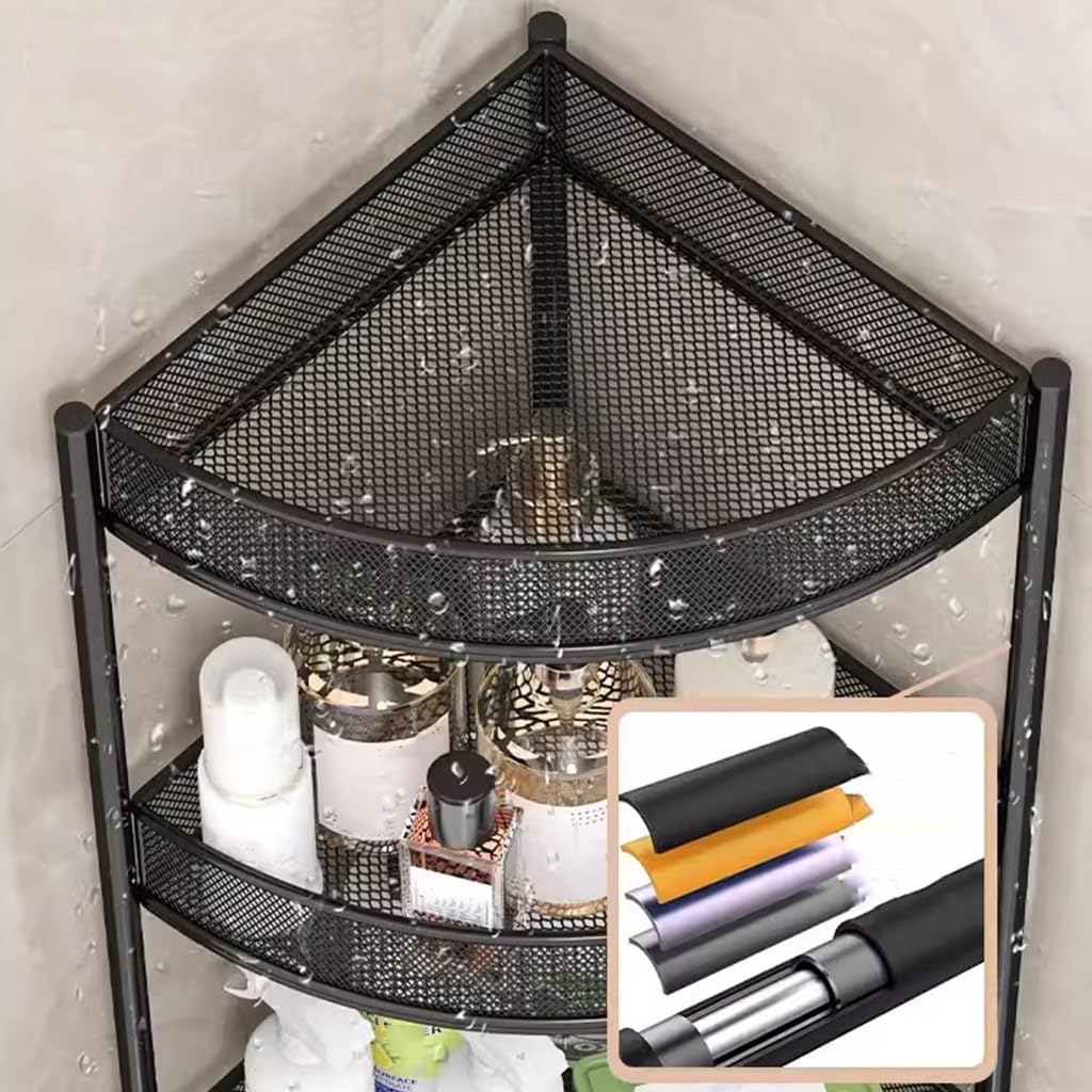 4 Tier Bathroom Corner Triangle Shower Shelf with Wheels, Free-Standing Metal Storage Shelf, Multifunctional Corner Rack Shelving for Living Room, Bedroom, Kitchen, Bathroom