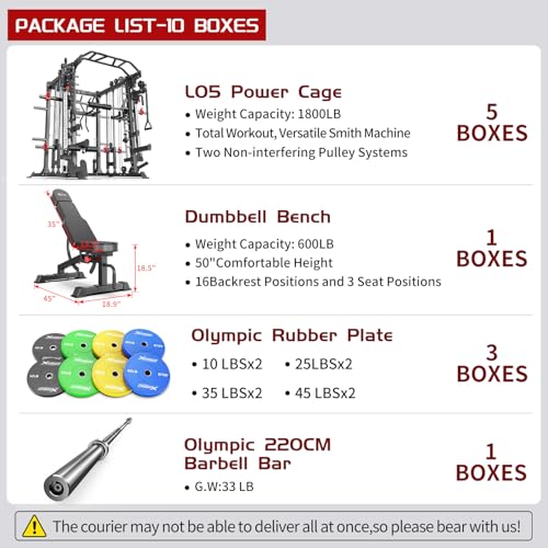 L05/07 Smith Machine，Multi-Function Squat Rack Power Cage with Cable Crossover System,with Weight Bench, Olympic Barbell Weight Set, for Home Gym