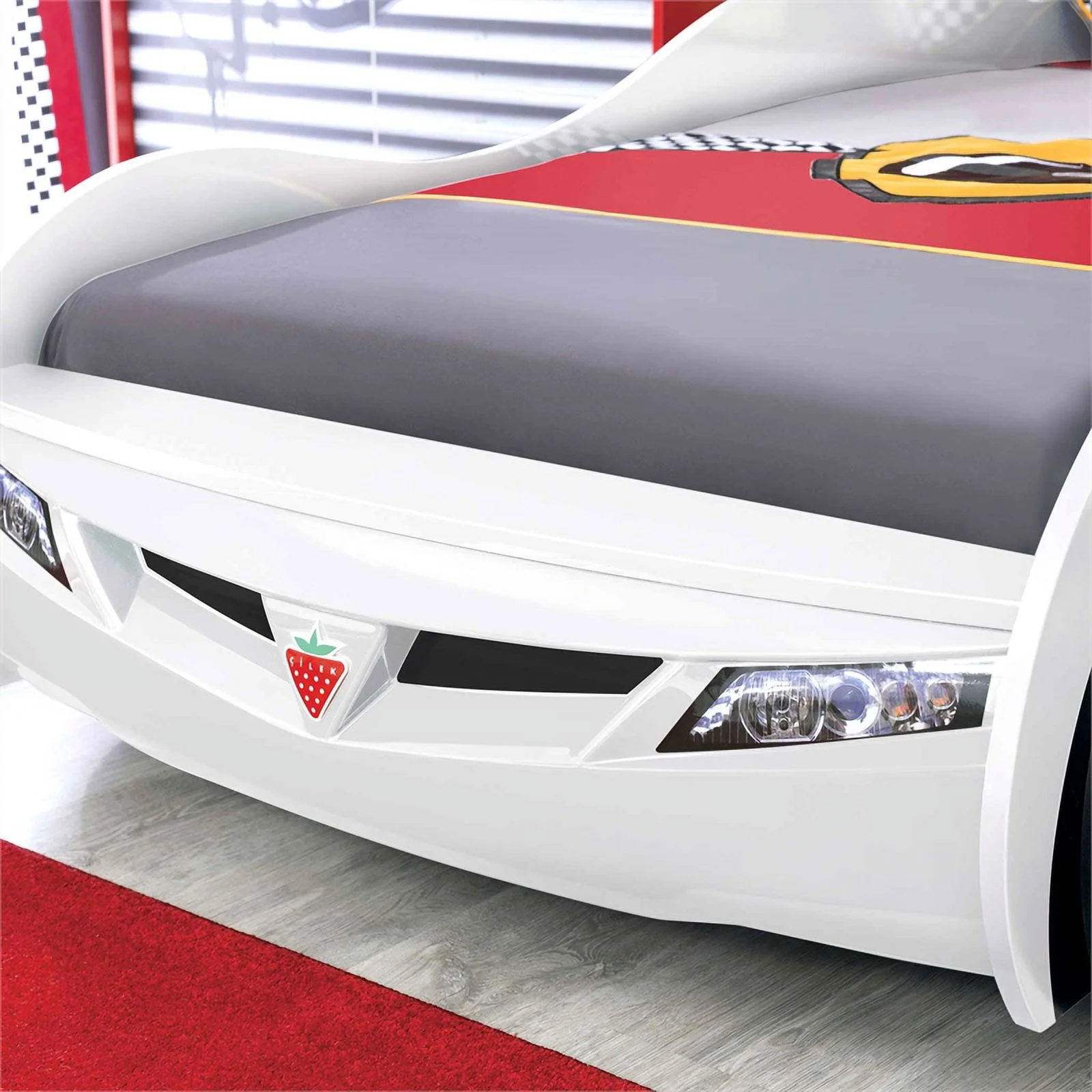 Cilek Kids Room Race Cup Wood Twin Car Bed with Cool Details in White