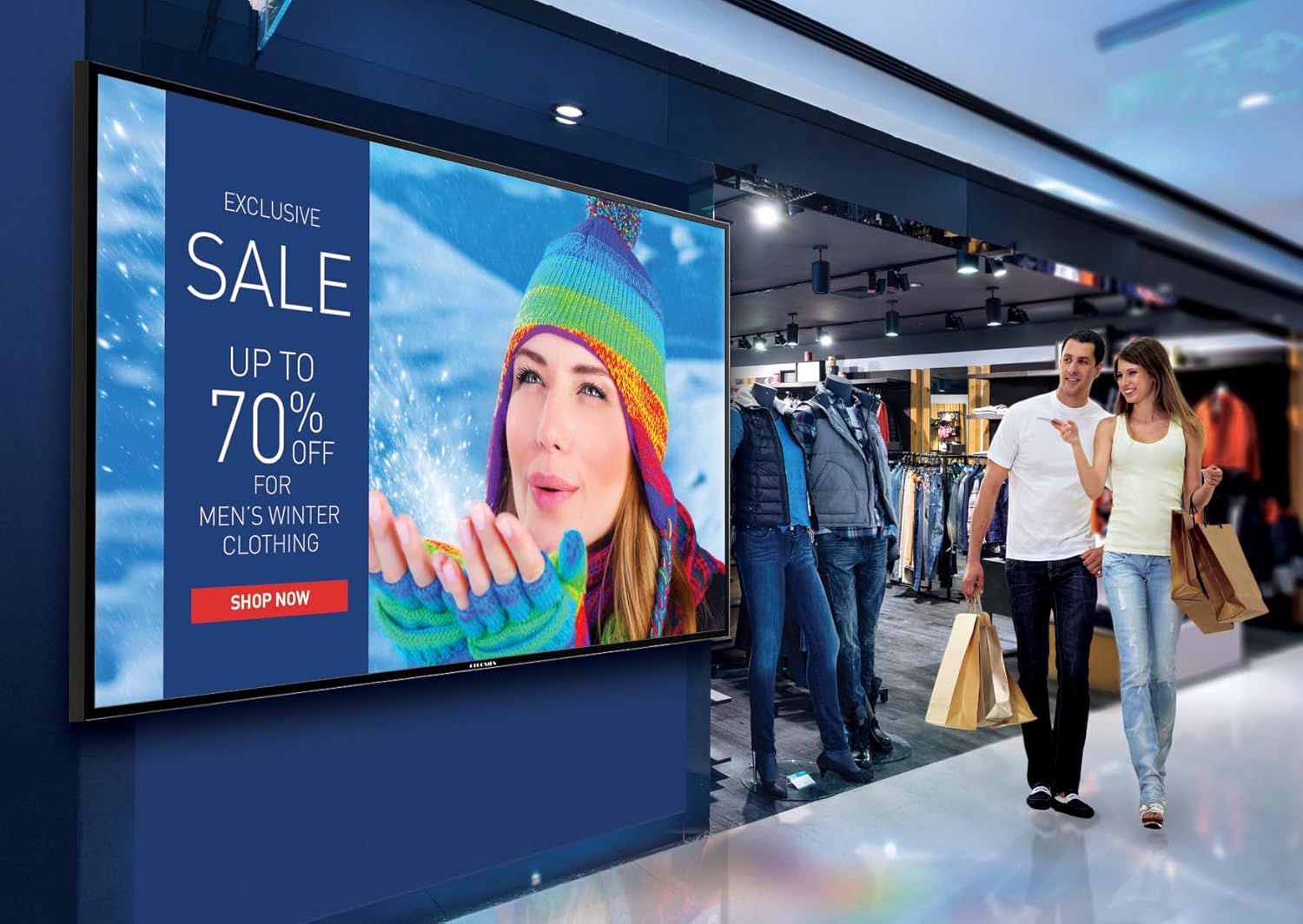 98 Inch 4K Mobile Digital Signage TV A+ Panel, Civil, Commercial with Wi-Fi, Ethernet, Bluetooth, HDMI, USB, 178° Visual Angle, 50000h, Ultra HD