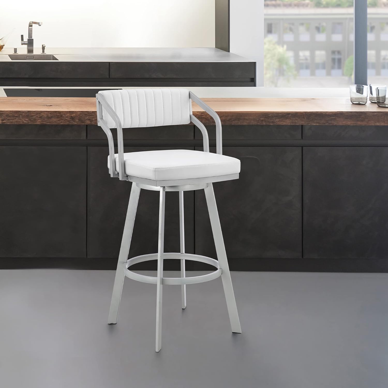 Armen Living Capri 26 Counter Height Swivel Barstool with Black Finish and Slate Grey Faux Leather