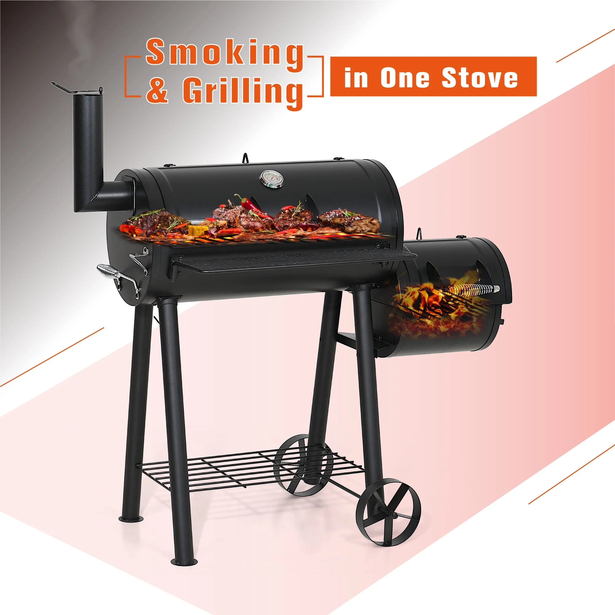 Summit Living 28'' BBQ Charcoal Grill with Offset Smoker for Backyard and Camping