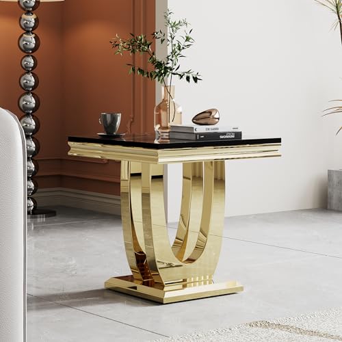 Modern Luxury Faux Marble End Table with Polished Silver Stainless Steel U Base Square White Marble Side Table Elegant Small Bedside Table for Living Room Bedroom Office