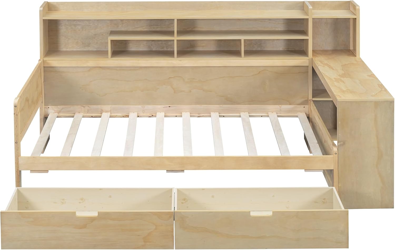 Twin Size Wooden Captain Bed Daybed with Storage Bookshelf, Study Desk and 2 Drawers, Multi-functional Storage Bed Frame for Bedroom Furniture, Space-Saving, Natural