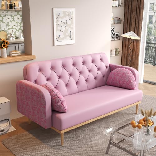 Modern Loveseat Sofa Couch with 2 Throw Pillows,PU Leather Upholstered Small Love Seat Couches with Tulip Pattern, New,2 Seater for Living Room Bedroom (Green)