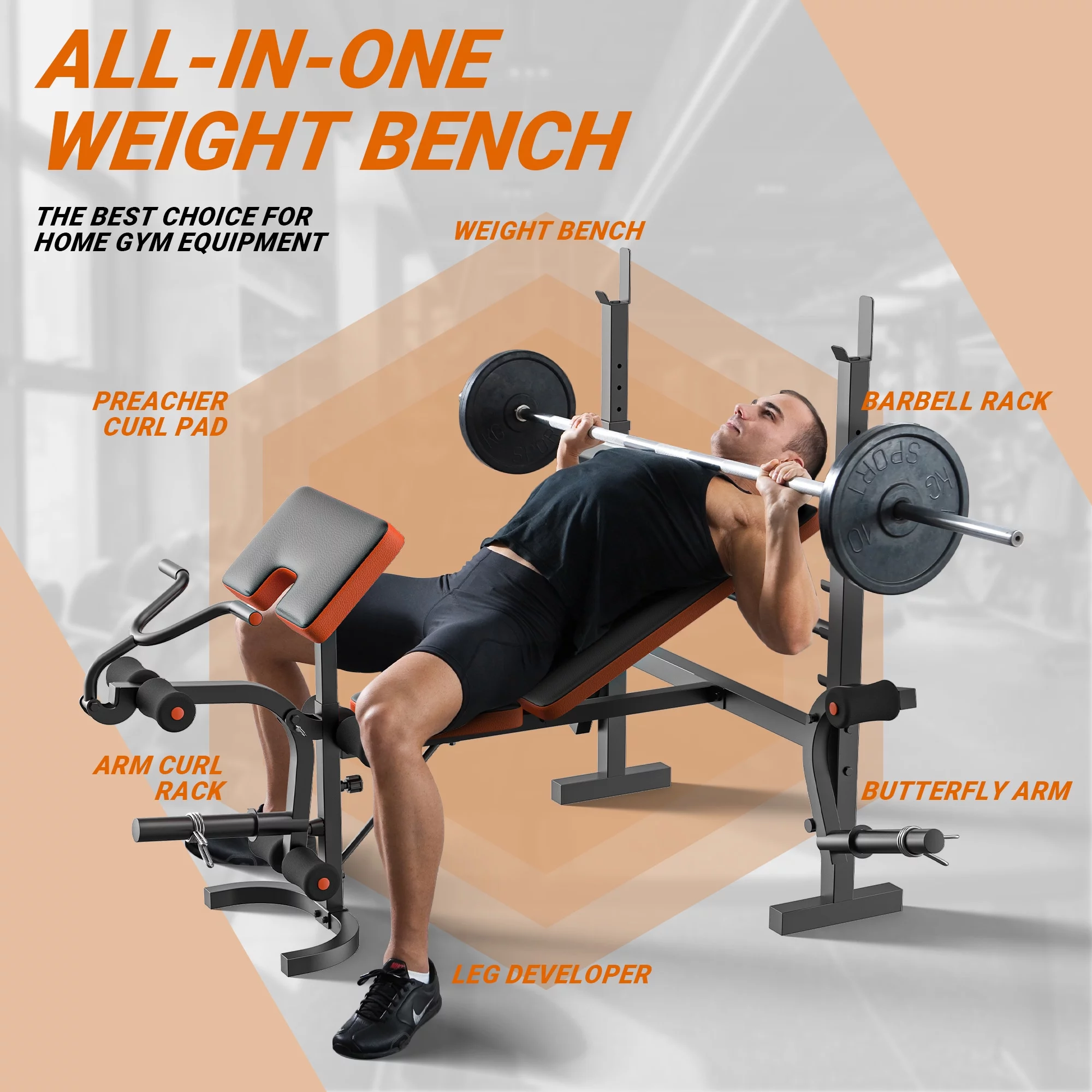 GIKPAL 660lb 6-in-1 Adjustable Weight Bench with Multi-Purpose Workout Bench Set With Barbel Rack and Leg Developer for Full Body Function Strength Training