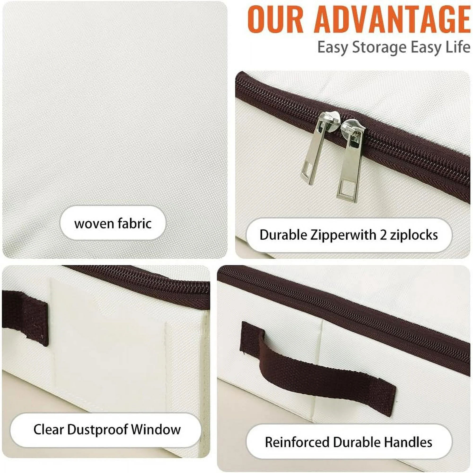 3 Pack 4inch Underbed Storage Bins, Under Bed Storage Containers with Zippers for Blanket, Pillows, Comforters &amp; Quilts, Beige
