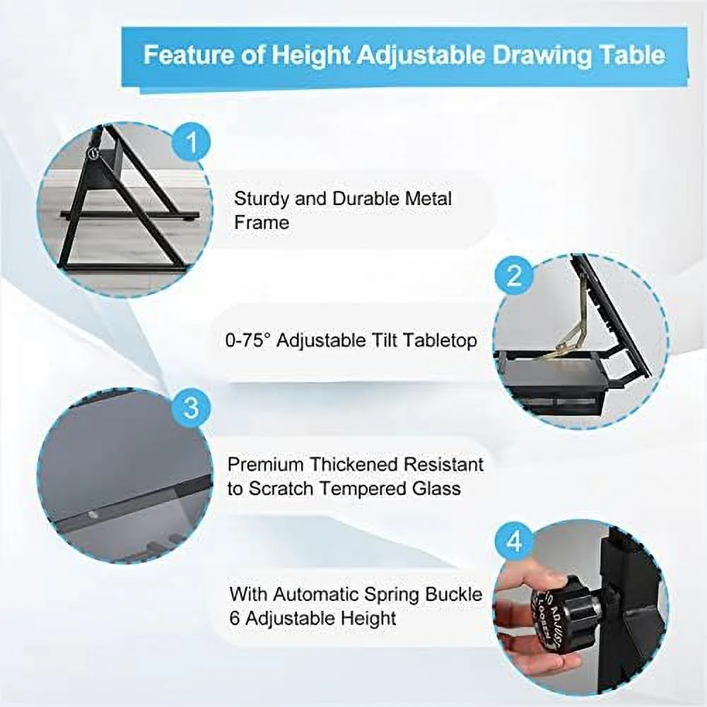 KBANZIBIU Height Adjustable Drafting Tables  Glass Drawing Art Table  Tilting Tabletop Paintings Work Station  Table Chair Chair-2  Drawer for Reading Writing Art Craft Work Station (Blac