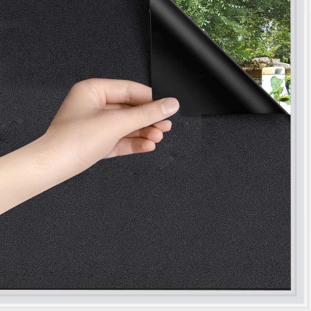 Static Cling Total Blackout Privacy Window Film Cover 100% Light Blocking No Glue Black Window Tint for Home Room Darkening Easy Removal 35.4 Inch x 13.1 Feet Pack of 2