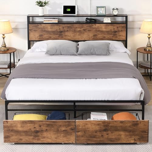 Queen Bed Frame with Headboard & Charging Station, Upholstered Platform Bed Frame with 2 Storage Drawers, Sturdy Wooden Slats Support/No Box Spring Needed/Noise Free/Easy Assembly/White