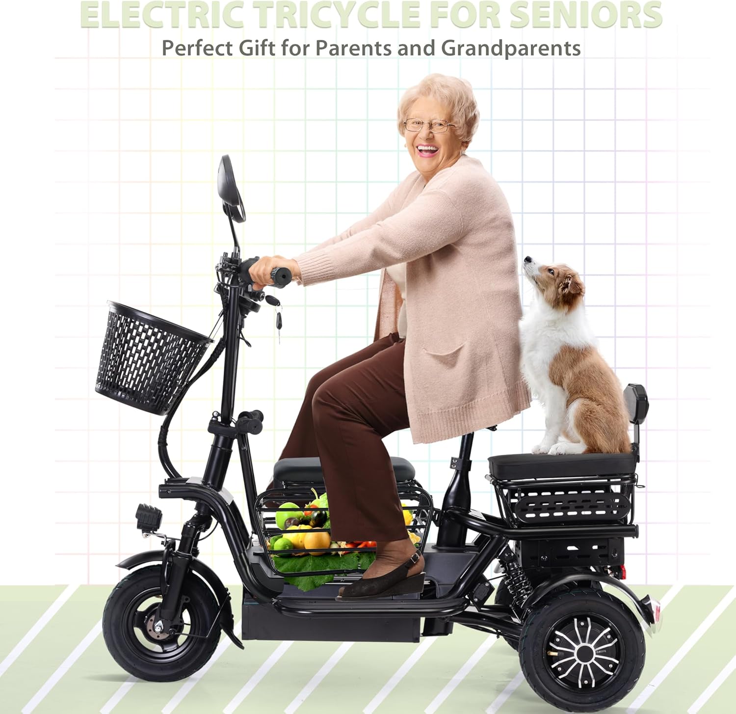 Electric Bike for Adults Seniors Foldable Tricycle w/3 Seats, 3-Wheel Adult Electric Bicycles Trike Ebike Cruiser with Baskets for Shopping Cycling, LED Display, Lights, 48V 400W, Black