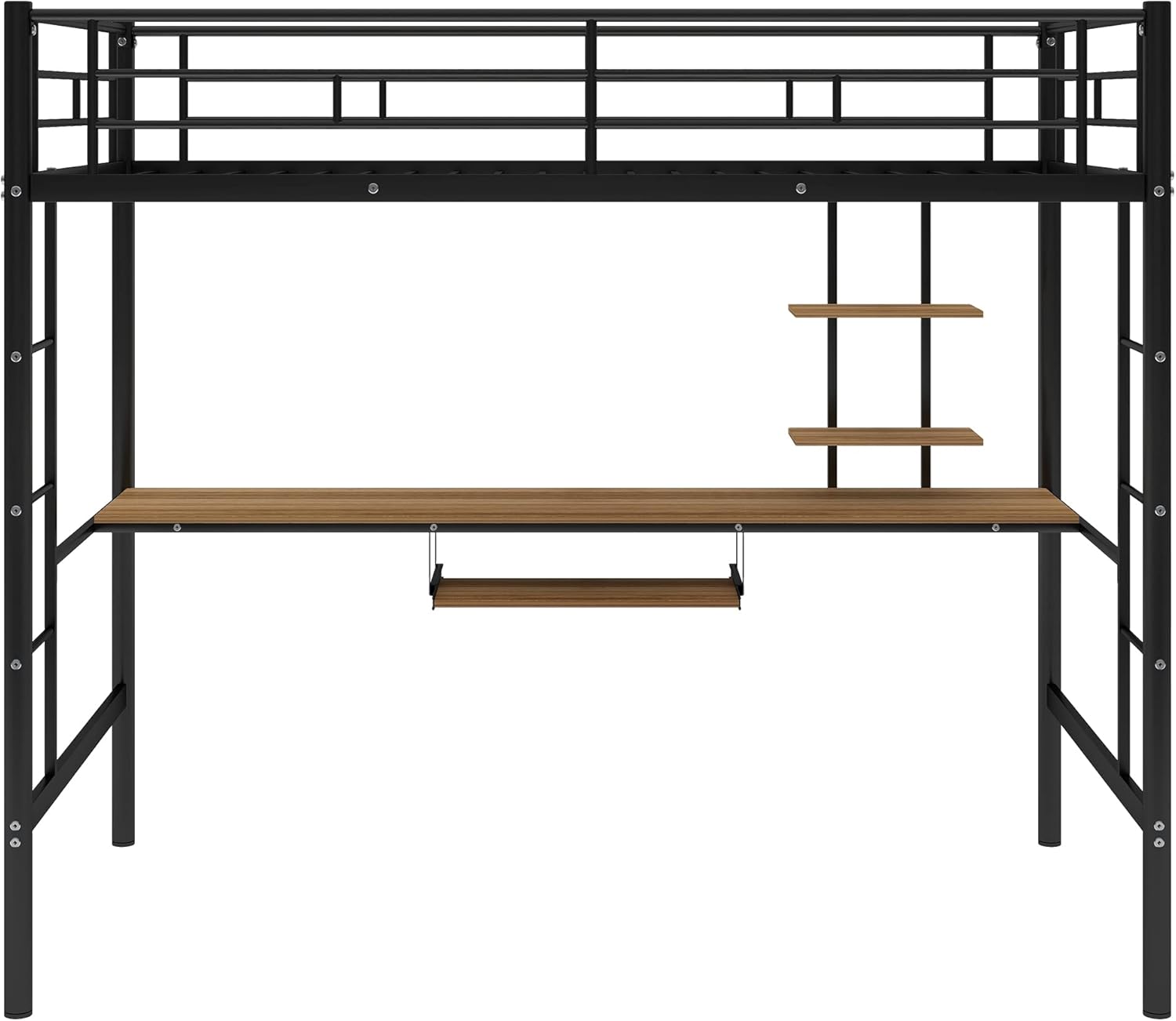 MERITLINE Metal High Loft Bed, Twin Study Loft Bed with Desk and Storage Shelf, Safety Rail and Ladder, Loft Bed for Children (Black with Keyboard Tray)