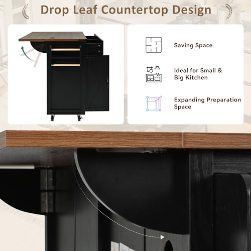 Kitchen Island with Storage, Rolling Kitchen Island Cart On Wheels with Power Outlet & Drop Leaf Countertop, Mobile Island Table for Kitchen with 2 Drawers 2 Cabinet, Spice Rack, Towel Rack, Black