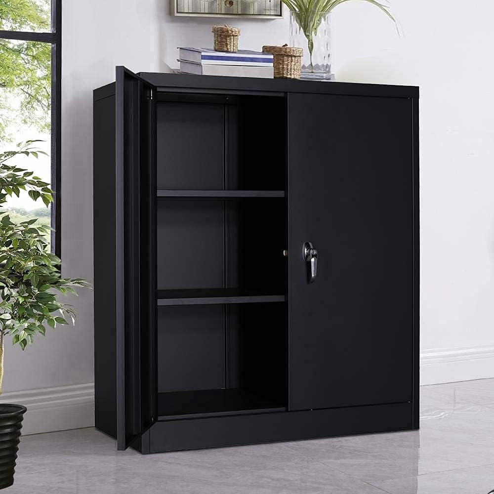 GREATMEET Metal Storage Cabinets with 2 Adjustable Shelves,41.6" H Locking Metal Cabinet Counter Office Storage Cabinet with Handle Security Lock for Home Office (Black 41.6" H)