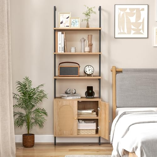 6-Tier Ladder Bookshelf with Cabinet, 71" Tall Wall Mount Shelf Bookcase w/Sturdy Metal Frame & Rattan Cabinet Bottom, Wall Storage Display Rack for Living Room, Bedroom & Home (1)