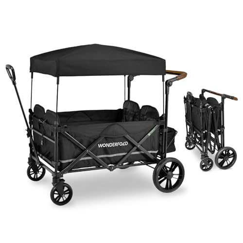 WONDERFOLD X4 Push & Pull Stroller Wagon (4 Seater) - Collapsible Wagon Stroller with Seats with 5-Point Harnesses, Adjustable Push Handle, and Sun Canopy, Navy