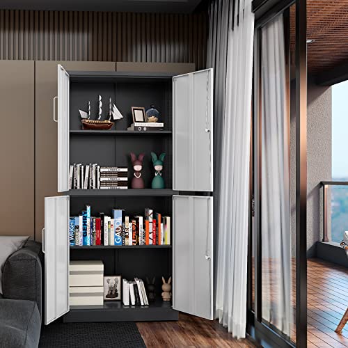 Metal Garage Cabinets, 72" Tall Locking Storage Cabinets with 2 Doors and 5 Adjustable Shelves, Steel Utility Tool Cabinet, Black Lockable Outdoor Storage Cabinet for Pantry, Garage, Home Office