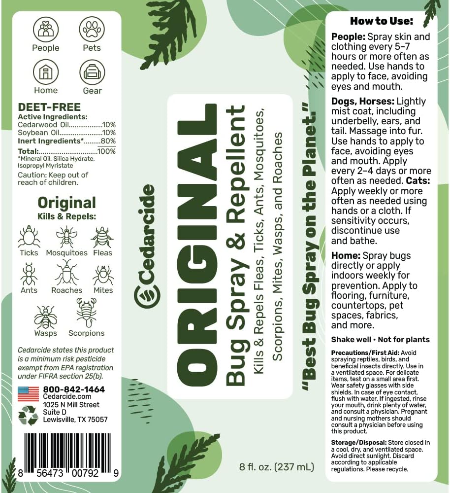Cedarcide Original Bug Spray | Repel & Kill Fleas, Ticks, Mosquitoes, Mites, Ants & Chiggers | for use on People, Pets & Home | Natural Cedar Oil | Eco-Friendly | Gallon