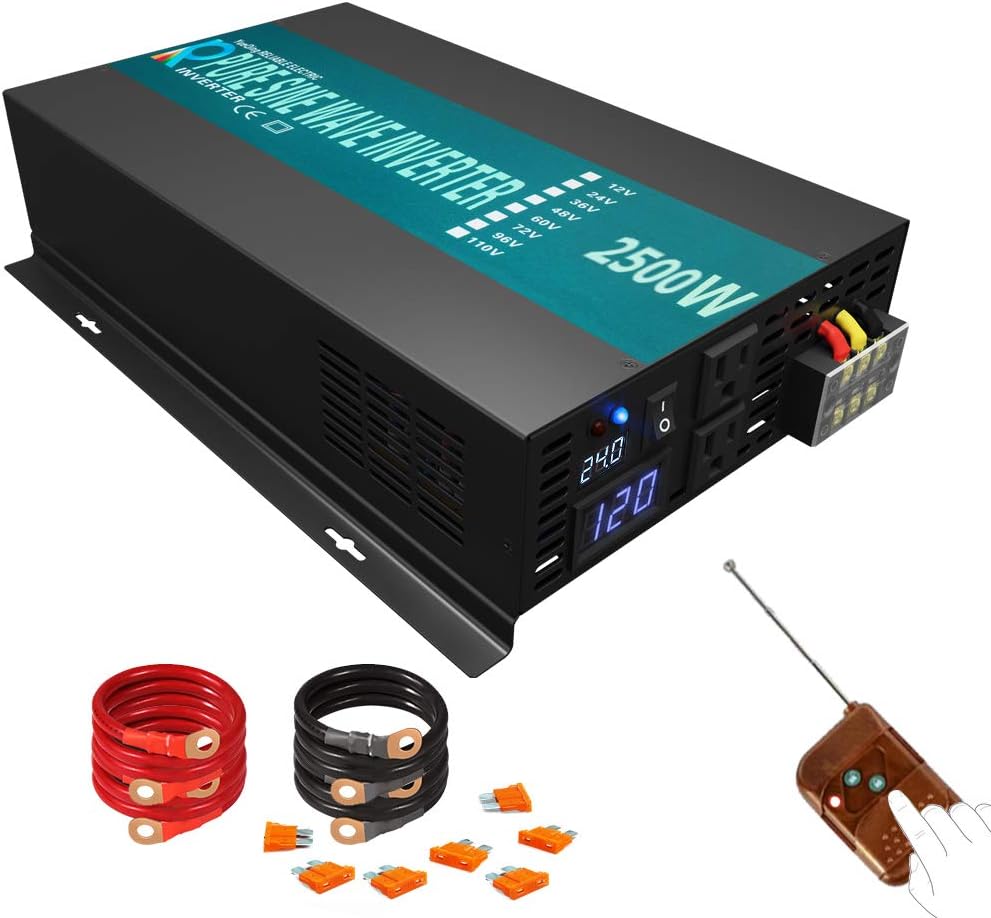 Reliable Pure Sine Wave Power Inverter 1500Watt 24V DC to 110V 120V with Remote Control Dual AC Outlets for CPAP RV Car Off Grid System