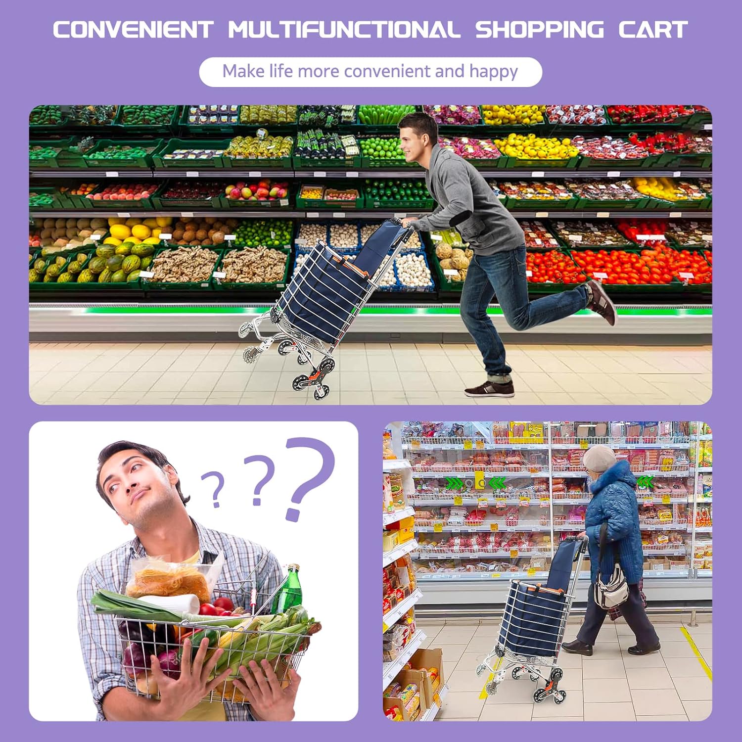 Portable Shopping Cart Stair Climbing Cart Folding Grocery Utility Carts with Rolling Swivel Wheels and Waterproof Removable Canvas Bag Utility Shopping Cart