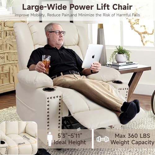 Large Power Lift Chairs Recliners for Elderly with Heated and Massage, Overstuffed Adjustable Lift Chairs, 3 Positions, Breathable Leather, USB-A and USB-C, Cup Holder, Side Pocket Dark Brown