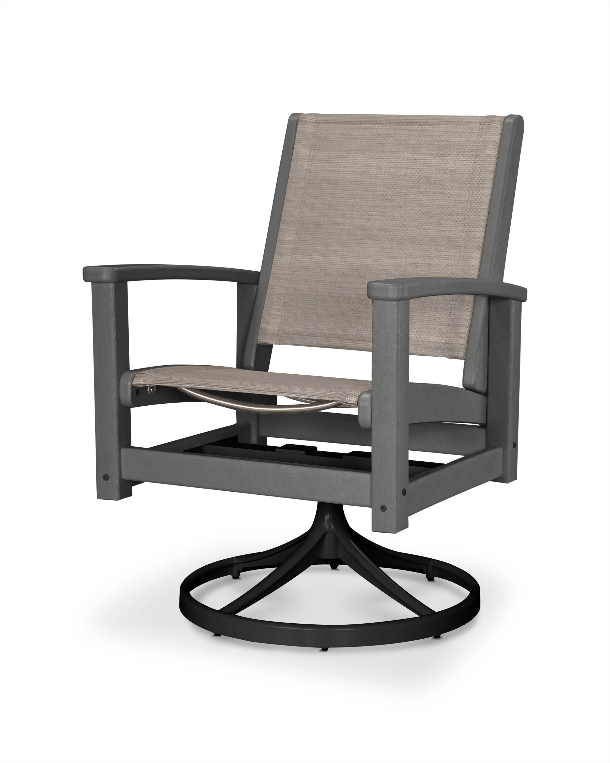 POLYWOOD Coastal Swivel Rocking Chair in Textured Black / Slate Grey / Metallic Sling