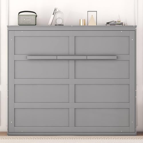 Harper & Bright Designs Queen Size Murphy Bed Wall Bed with Storage Shelves, Wardrobe and LED Lights, Space-Saving for Multipurpose Guest Room or Home Office, Gray