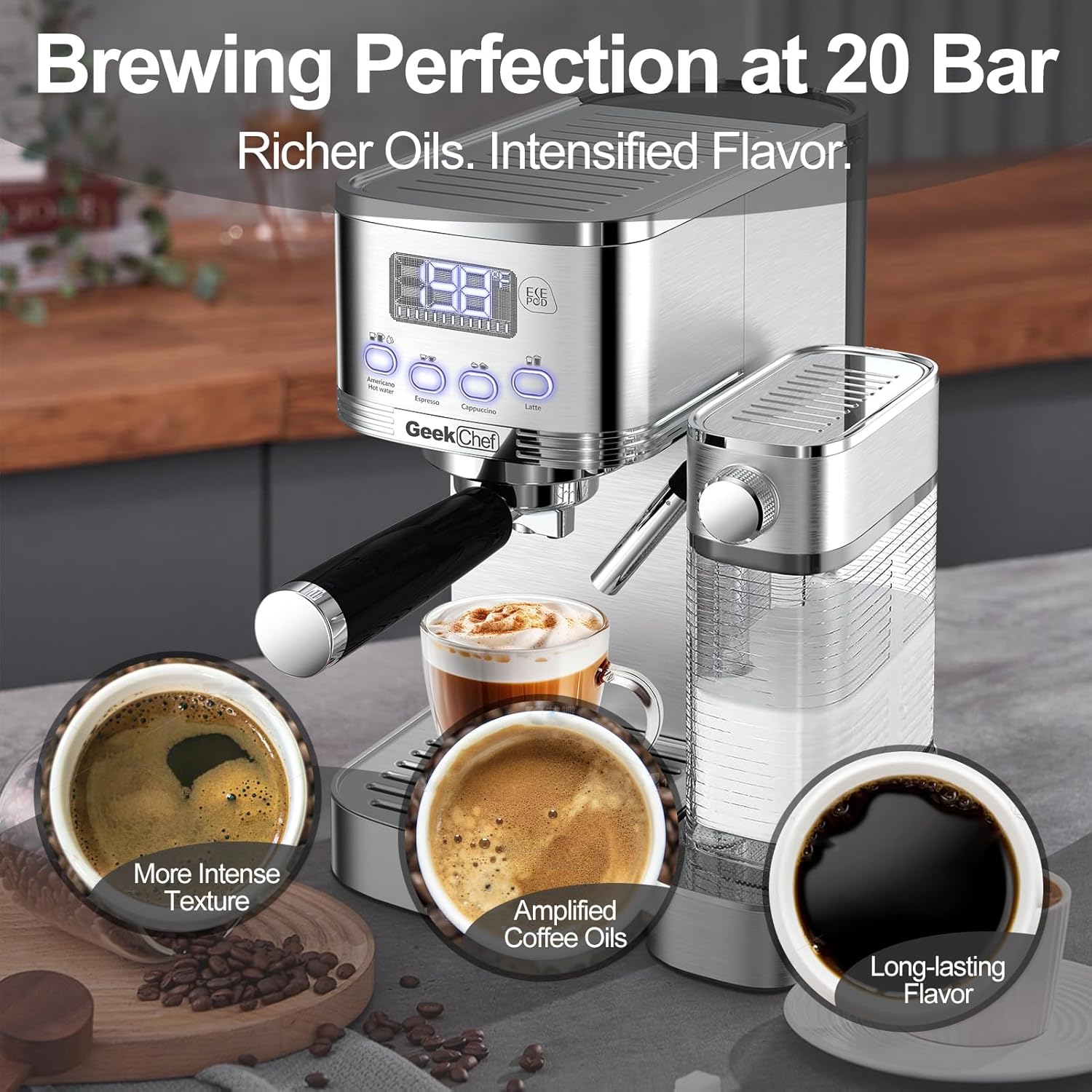 Geek Chef Espresso Machine with Built-In Automatic Milk Frother, 7-in-1 Cappuccino & Latte Machine for Home, 80s Get Americano Coffee, ESE POD Filter, 20 Bar, Stainless Steel
