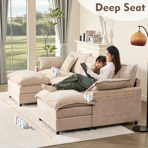 108" U Shaped Couch, Modular Sectional Sofa, 3-Seater Comfy Cloud Couch with Movable Ottoman, Deep Seat Couches for Living Room, Chenille, Black