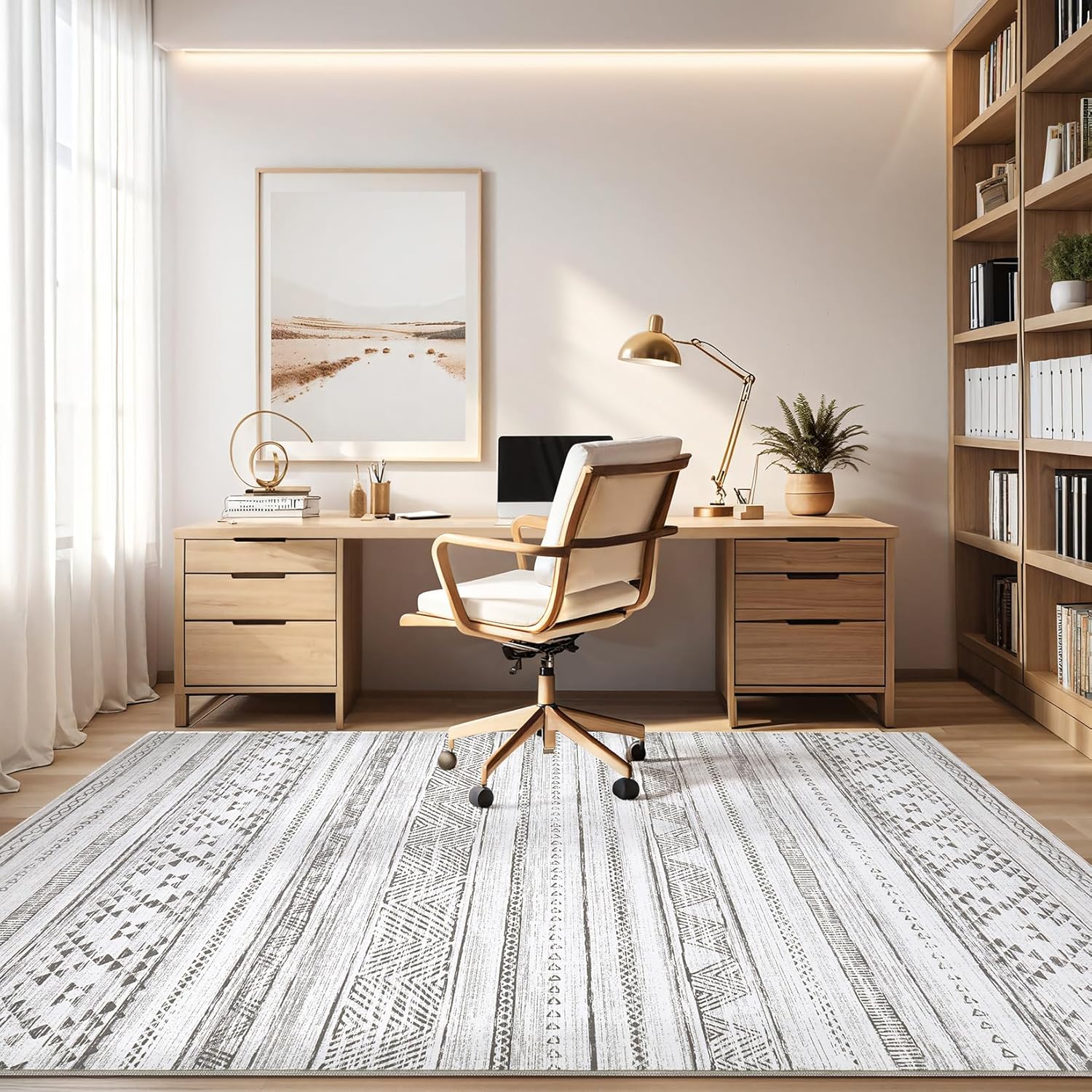 9x12 Area Rugs, Washable Rugs for Living Room, Large Soft Boho Neutral Geometric Moroccan Rug for Bedroom Dining Room, Non Slip Indoor Thin Carpet for Home Office, Cream Grey