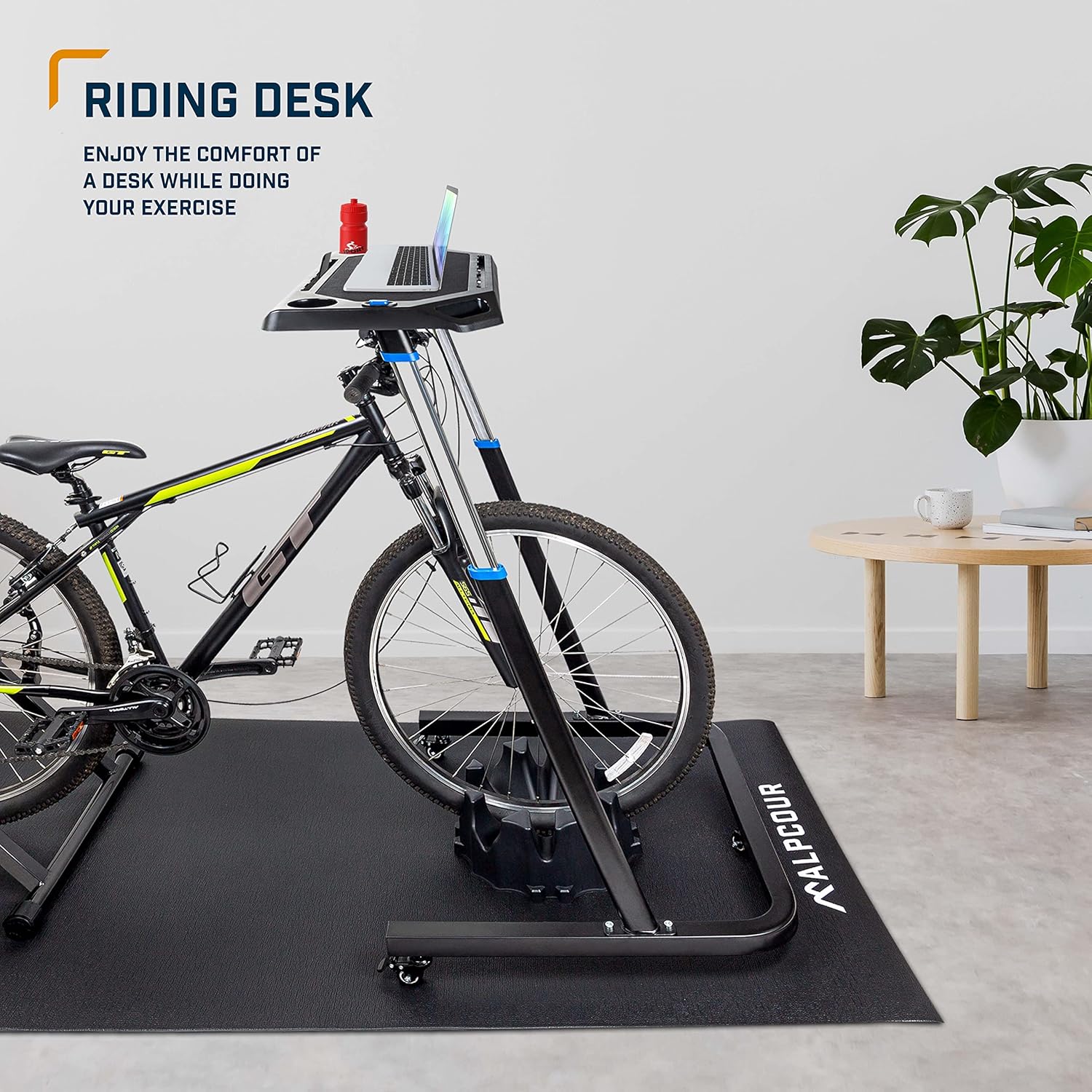 Alpcour Bike Trainer Fitness Desk – Portable Multi-Tasking Workstation Table for Cycling and Exercise – Adjustable Height with Non-Slip Surface and Gadget Slots – Lockable Wheels