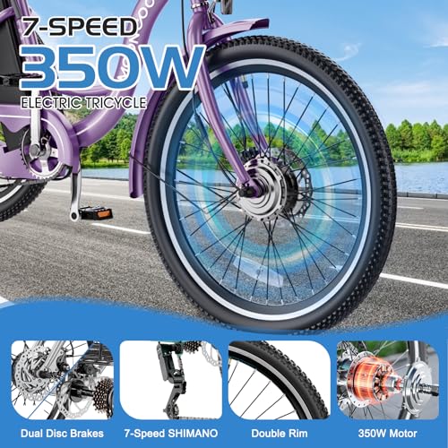 Electric Tricycle for Adults, 350W 36V Electric Trike Motorized Three Wheel Electric Bicycle, 7 Speeds 3 Wheels Adult Electric Tricycle with Large Basket