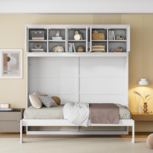Harper & Bright Designs Full Size Murphy Bed, Full Murphy Cabinet Bed with USB Port and a Large Drawer, Gray