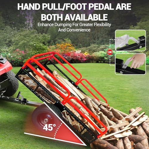 Heavy Duty Steel Dump Cart & Utility Trailer 1600LB Capacity ATV/Lawn Tractor Hauler with Dual Dumping Modes (Manual/Foot Pedal), All-Terrain Tires & Dual Bearings for Garden, Farm, Firewood