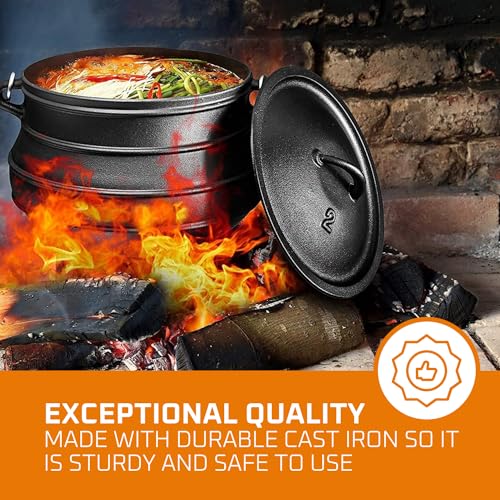 Bruntmor Pre-Seasoned Cast Iron Cauldron | African Potjie Pot with Lid | 3 Legs for Even Heat Distribution - Premium Camping Dutch oven Cookware for over-the-fire Cooking - 10 Quarts (X-Large)