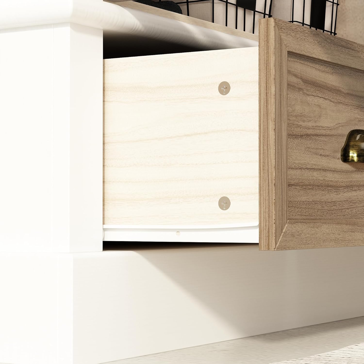 ECACAD 4 Doors Wardrobe Armoire with Louver Doors, Storage Shelves, 4 Drawers & Hanging Rod, Wooden Closet Storage Cabinet for Bedroom, Brown & White (63”W x 19.7”D x 74.8”H)