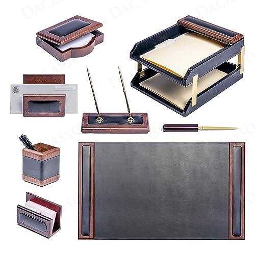 Dacasso Walnut & Black Leather Desk Set - 10 Piece Desk Organization Essentials with Desk Pad - Luxury Executive Desk Decor & Office Organization