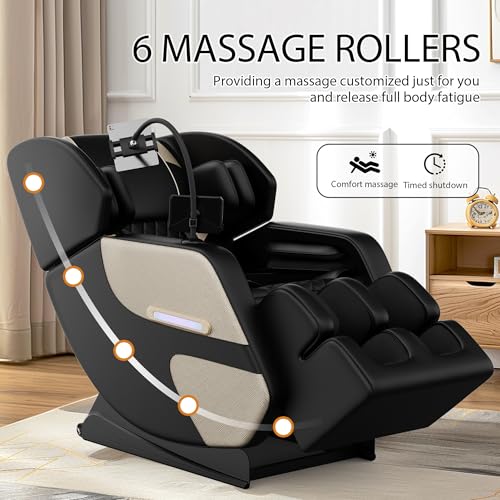 Full Body Massage Chair, PU Leather Zero Gravity Massage Chair with Airbags and Foot Roller, 6 Fix Point Rollers Recliner Chair, Gold